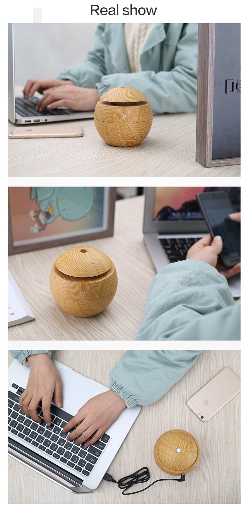 MINI CIRCULAR WOOD GRAIN HUMIDIFIER W/ 7 COLOR LED LIGHTS